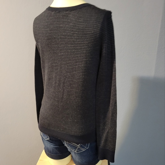 Ann Taylor Loft Navy Blue & Gray Striped Button Shoulder Detail Sweater. - Picture 4 of 6